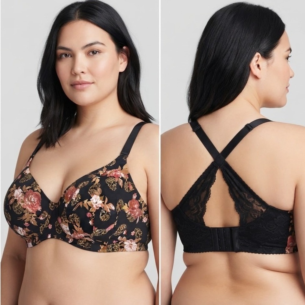 Torrid Curve Dream Wire Free Bra 42DDD Black Floral Leopard Skull 360 Smoothing